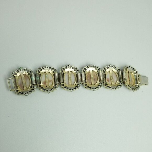 Vintage Red Oval Cabochon 6 Panel Bracelet, Retro Statement Bangle, Estate - Picture 4 of 7